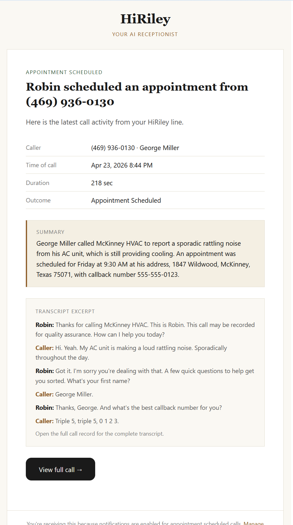 Example email notification showing caller details, appointment summary, transcript excerpt, and a button to view the full call