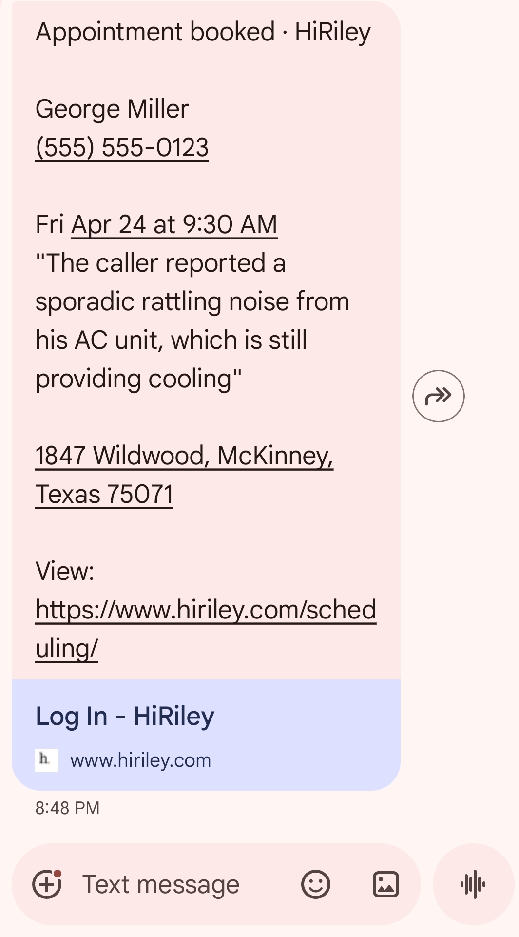 Example SMS notification showing an appointment booked message with caller name, phone number, appointment time, address, and a scheduling link